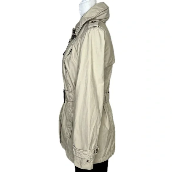 Tommy Hilfiger Trench Coat Belted Jacket Hidden Hood Beige Tan Medium M - Picture 5 of 17